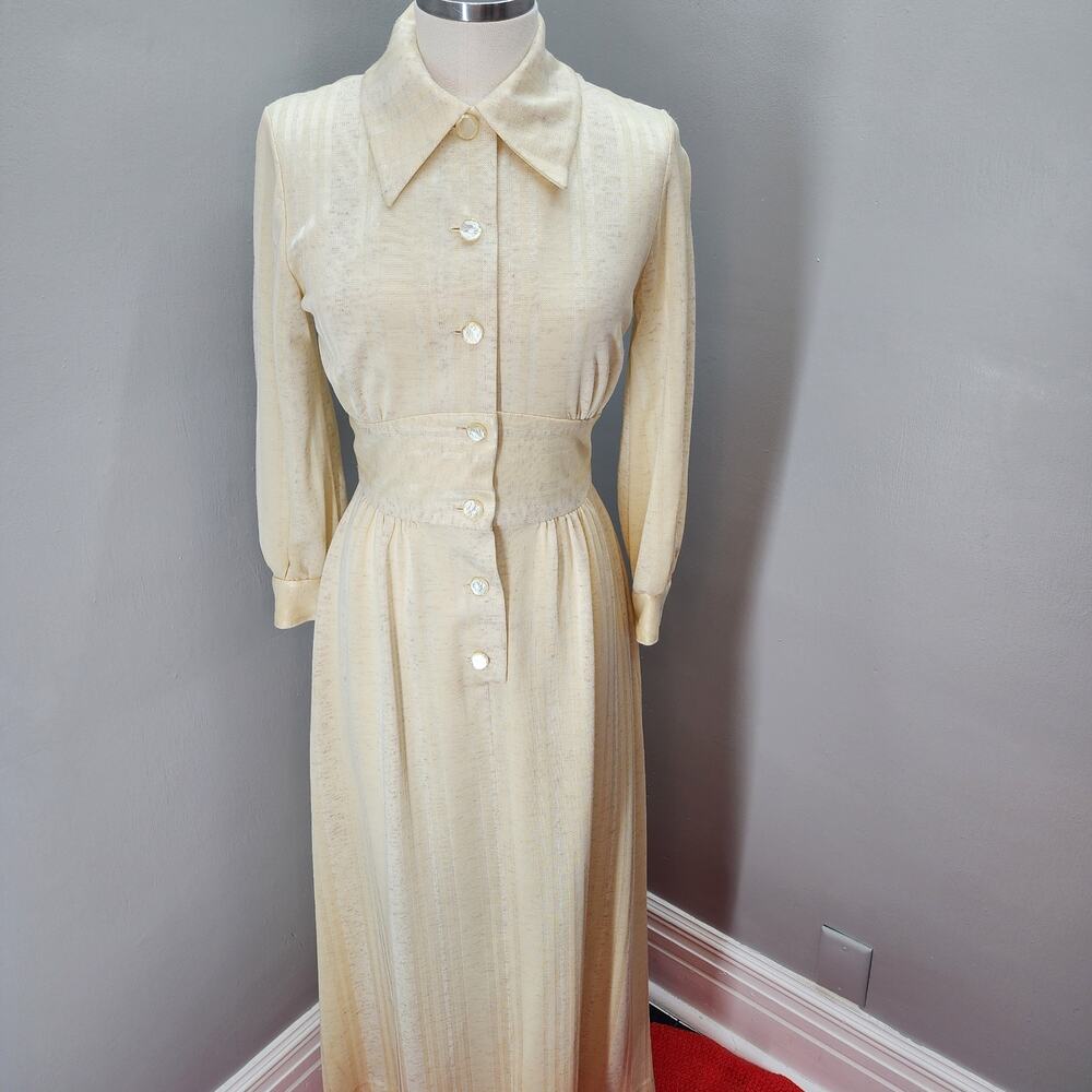 70s VTG Momentum Maxi Dress, Faux Corset Waist Jacquard Stripe Cream Maxi - S - Picture 7 of 10